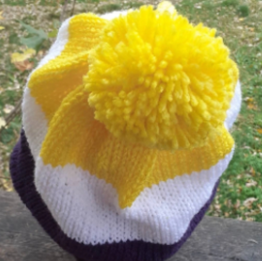 Non Binary hand knitted hat with pom pom